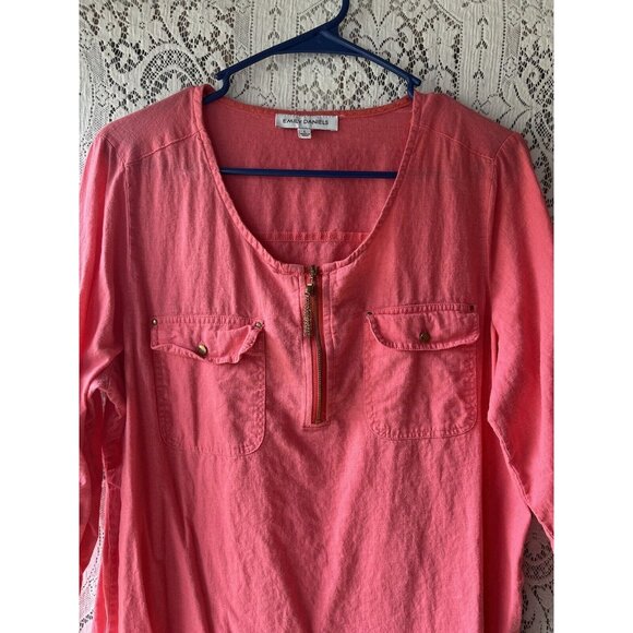 Emily Daniels Womens Large Pink 3/4 Roll Up Sleeves 1/4 Zip Linen Top Shirt - Picture 2 of 6